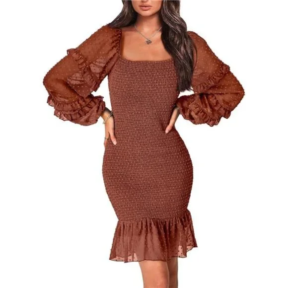 Dresses | Smocked Bodycon Mini Dress Long Sleeve Square Neck Swiss